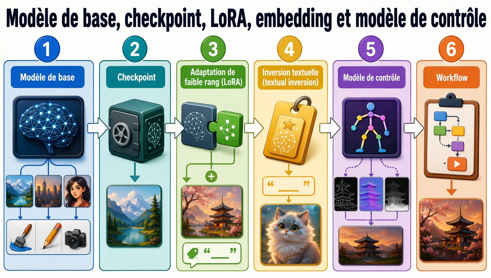 Modèle de base, checkpoint, LoRA, embedding et modèle de contrôle