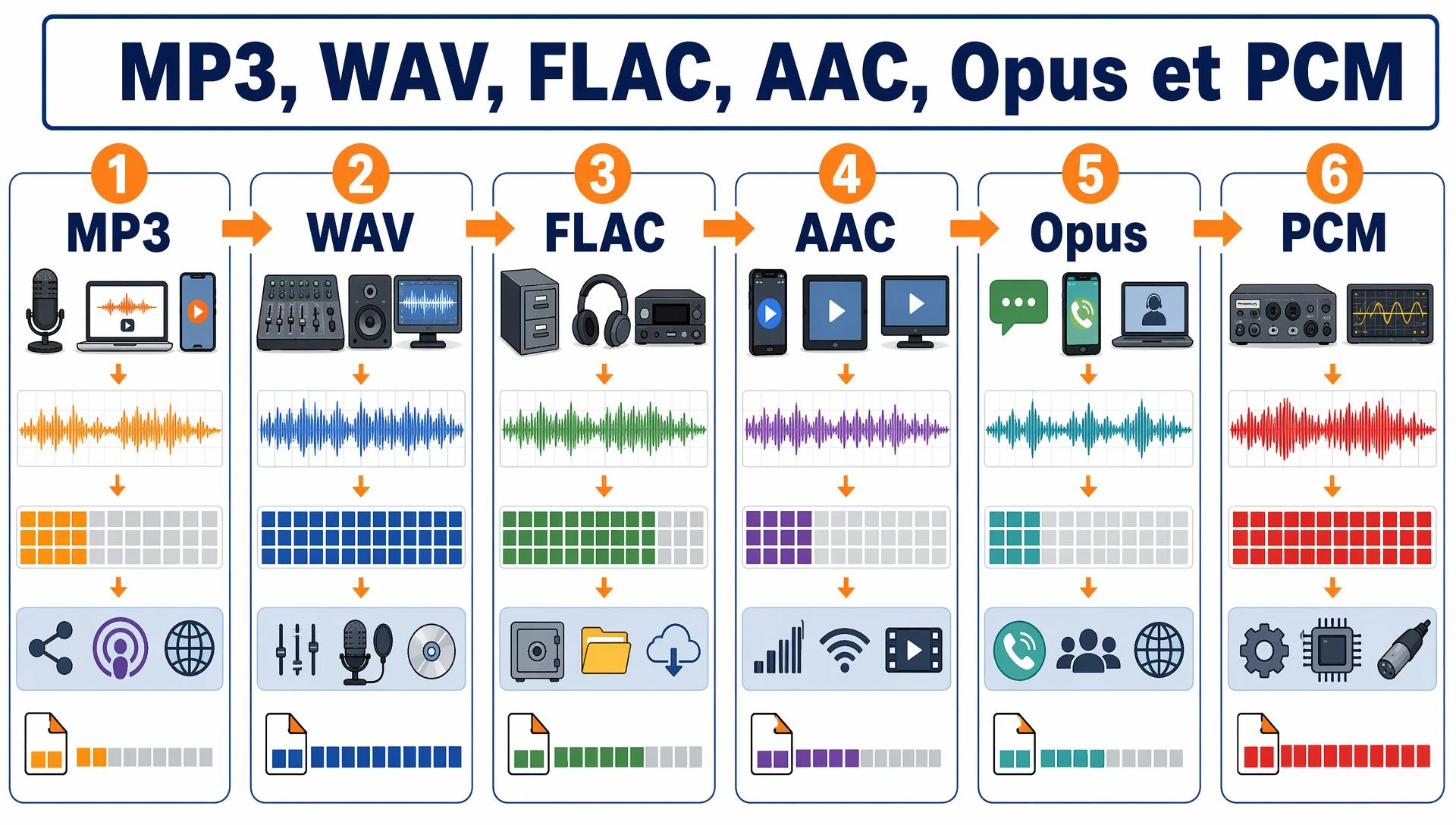 MP3, WAV, FLAC, AAC, Opus et PCM