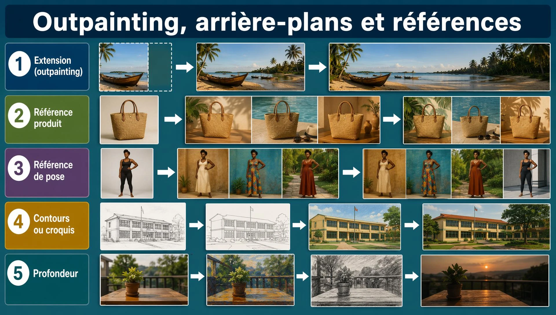 Outpainting, arrière-plans et références