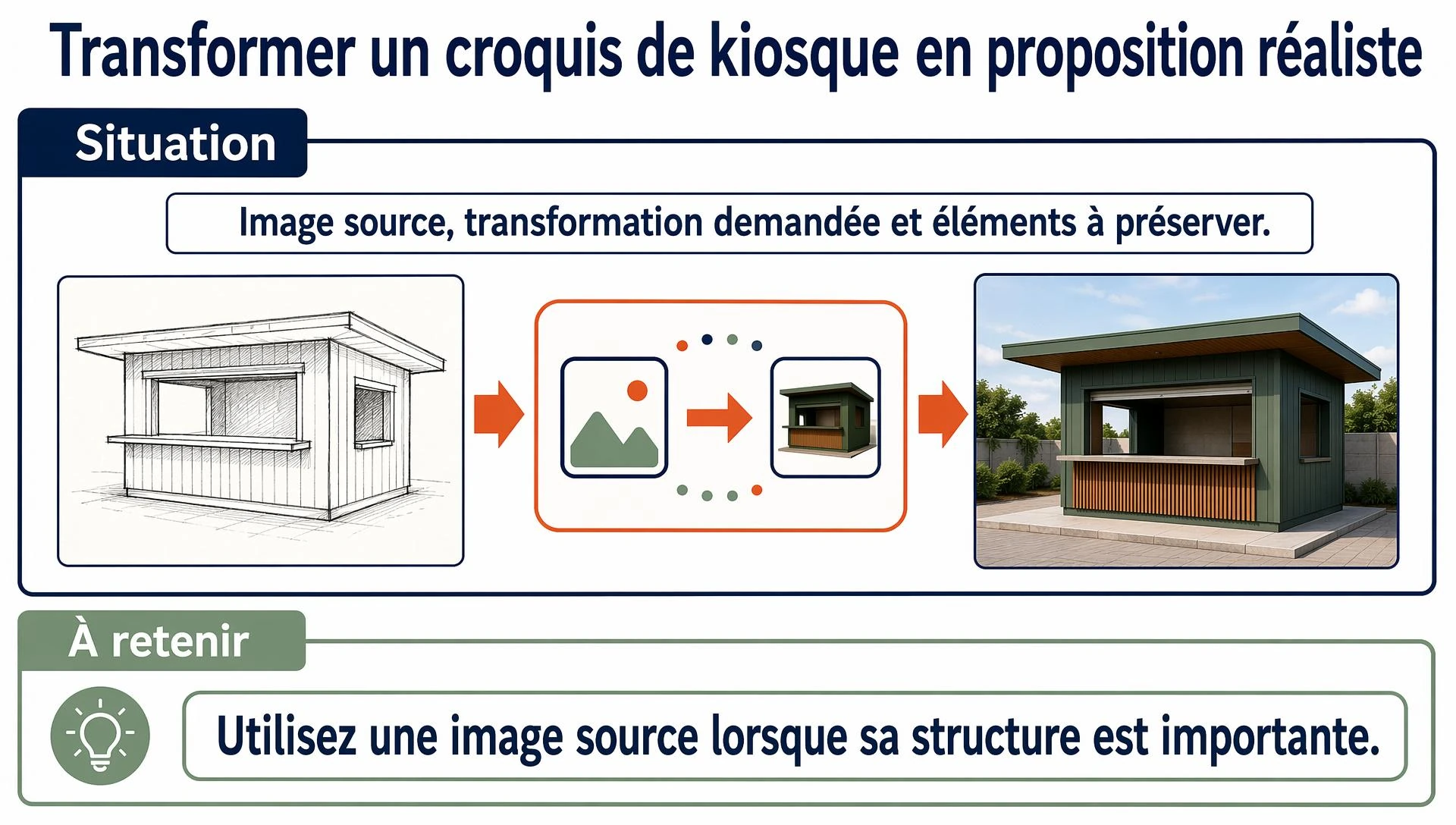 Transformer un croquis de kiosque en proposition réaliste