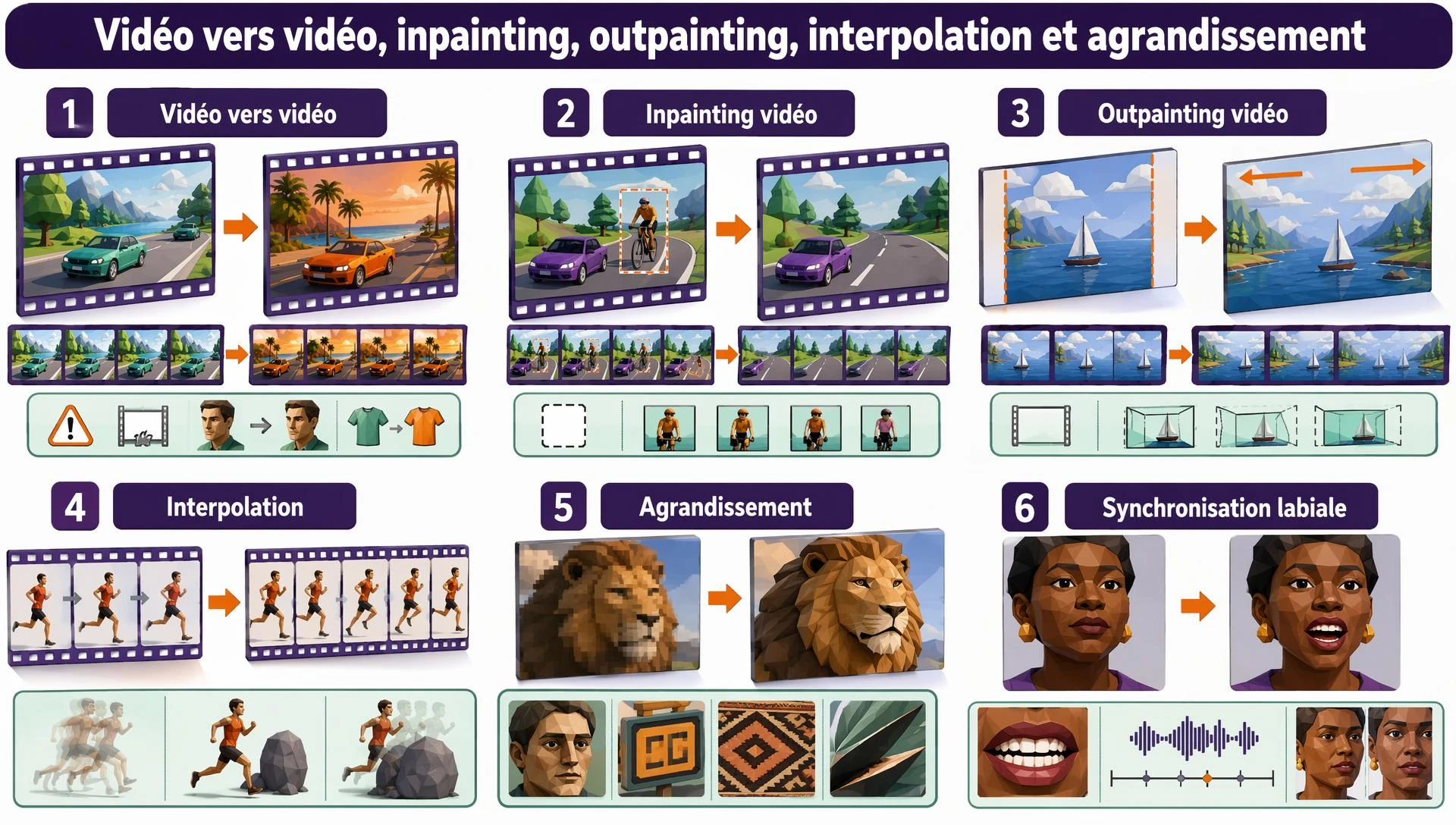 Vidéo vers vidéo, inpainting, outpainting, interpolation et agrandissement